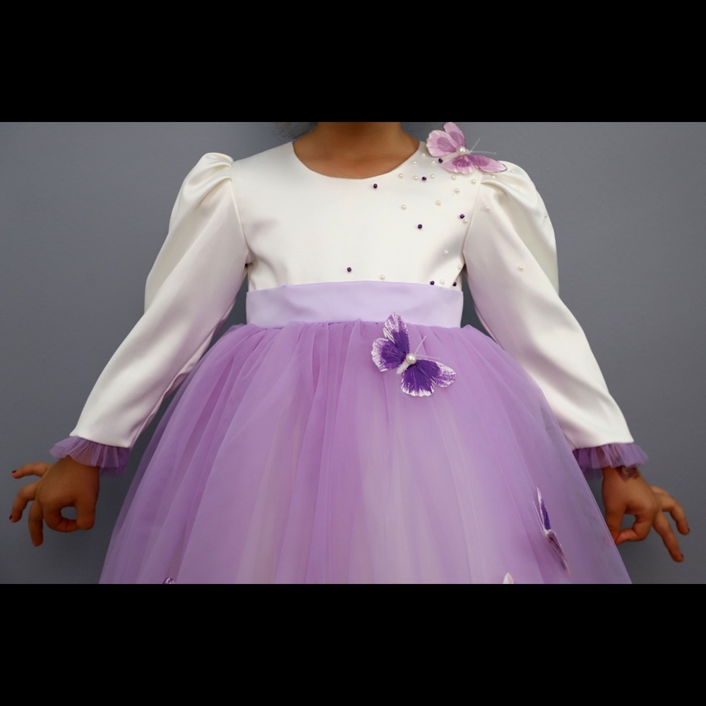 Purple tulle ivory taffeta and decorated butterfly formal dress